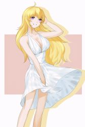 Rule 34 | 1girl, ahoge, blonde hair, breasts, cleavage, collarbone, dress, floating hair, grin, halter dress, halterneck, highres, large breasts, long hair, pink background, purple eyes, rwby, sleeveless, sleeveless dress, smile, solo, standing, sundress, tl (xdd), two-tone background, very long hair, white background, white dress, yang xiao long