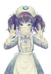 Rule 34 | 1girl, apron, blue eyes, dress, female focus, gloves, hantoumei namako, holding, holding mask, looking at viewer, mask, nurse, original, simple background, solo, twintails, white background