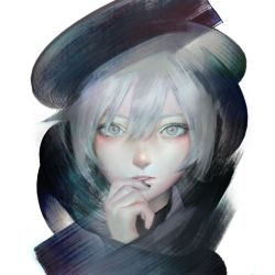 Rule 34 | 1girl, black nails, eyelashes, grey eyes, grey hair, grey theme, hand to own mouth, hand up, lip pull, lips, looking at viewer, mi8pq, nail polish, parted lips, sekka yufu, simple background, solo, straight-on, utau, white background