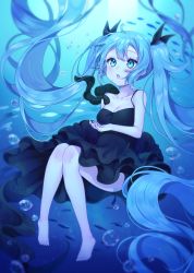 Rule 34 | 1girl, :o, absurdres, air bubble, animal, bare arms, bare shoulders, barefoot, black dress, black ribbon, blue eyes, blue hair, breasts, bubble, cleavage, collarbone, commentary request, day, dress, fish, hair between eyes, hair ribbon, hatsune miku, highres, long hair, outdoors, parted lips, reel (riru), ribbon, shinkai shoujo (vocaloid), sleeveless, sleeveless dress, small breasts, solo, toenails, twintails, underwater, very long hair, vocaloid, water