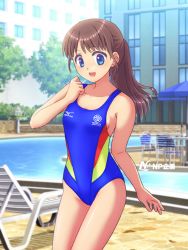 Rule 34 | 1girl, blue eyes, blue sky, brown hair, competition swimsuit, mizuno (brand), one-piece swimsuit, ponytail, pool, sky, swimsuit