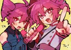 2girls black_shirt blush collared_shirt cropped_jacket detached_sleeves drill_hair dual_persona fang grey_jacket holding holding_microphone jacket kasane_teto kasane_teto_(sv) looking_at_viewer microphone multiple_girls nploser open_mouth pink_eyes pink_hair pink_nails shirt simple_background skin_fang smile synthesizer_v twin_drills utau yellow_background