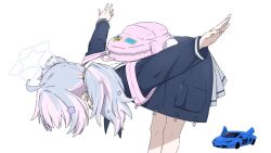 Rule 34 | 1girl, ahoge, backpack, bag, bare legs, blue archive, blue hair, blue jacket, bowing, brilliantko, car, commentary request, grey skirt, hair ornament, hair scrunchie, halo, highres, jacket, long sleeves, motor vehicle, multicolored hair, pink bag, pink hair, pleated skirt, reisa (blue archive), scrunchie, short hair, short twintails, simple background, skirt, solo, standing, star (symbol), star hair ornament, streaked hair, twintails, two-tone hair, vehicle request, white background