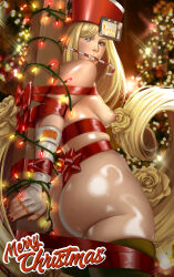 Rule 34 | 1girl, absurdly long hair, against pillar, arms behind back, ass, ass focus, bdsm, black thighhighs, blonde hair, blue eyes, bondage, bound, bound arms, bound legs, breasts, candy, candy cane, christmas, christmas lights, commentary, dark nipples, elbow gloves, english commentary, english text, fingerless gloves, flower, food, gag, gagged, gloves, guilty gear, guilty gear strive, guilty gear xrd, hair flower, hair ornament, hair over one eye, hat, highres, improvised gag, karasu h, long hair, looking back, medium breasts, merry christmas, millia rage, mole, mole on ass, muffin top, naked ribbon, nipples, paid reward available, prehensile hair, red hat, red ribbon, ribbon, ribbon bondage, rose, shiny skin, sideboob, skindentation, solo, standing, thick thighs, thighhighs, thighs, very long hair, white gloves, wooden beam