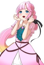 Rule 34 | 1girl, :d, anyoji hime, ascot, black ribbon, blonde hair, blue ascot, blue eyes, blunt bangs, blush, clenched hands, collared dress, commentary, cowboy shot, dream believers (love live!), dress, gradient hair, hair ribbon, hands up, highres, holding, holding microphone, link! like! love live!, long hair, looking at viewer, love live!, microphone, multi-tied hair, multicolored hair, open mouth, pink dress, pink hair, ponytail, ribbon, short sleeves, sidelocks, simadaburyu, simple background, smile, solo, swept bangs, very long hair, virtual youtuber, white background, white dress, wide sleeves