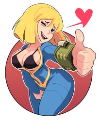 Rule 34 | 1girl, between legs, black bra, blonde hair, blush, borrowed character, bra, breasts, cowboy shot, fallout (series), fallout 4, gashi-gashi, hand between legs, heart, large breasts, mob face, one eye closed, pip boy, smile, solid oval eyes, solo, thumbs up, underwear, unzipped, vault girl, vault jumpsuit (fallout 4), vault suit