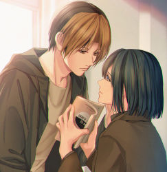 Rule 34 | 2boys, backlighting, bishounen, black hair, black jacket, bloom, blue eyes, bob cut, book, brown eyes, brown hair, chromatic aberration, couple, evening, eye contact, hand on another&#039;s cheek, hand on another&#039;s face, hand up, hands up, highres, hikaru no go, holding, holding book, hood, hooded jacket, indoors, jacket, light particles, light smile, long sleeves, looking at another, luanma luanma, male focus, multicolored hair, multiple boys, open book, open clothes, open jacket, parted bangs, profile, shindou hikaru, shirt, short hair, sunlight, touya akira, two-tone hair, upper body, window, yaoi