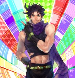 Rule 34 | 1boy, abs, aqua eyes, bad id, bad pixiv id, bare shoulders, battle tendency, belt, black hair, bloody stream, clothing cutout, crop top, fingerless gloves, gloves, green eyes, hand on own hip, heart, jojo no kimyou na bouken, joseph joestar, joseph joestar (young), male focus, midriff, navel, neopara, patterned background, scarf, side cutout, sleeveless, solo, star (symbol), striped clothes, striped scarf, v