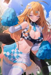 Rule 34 | 1girl, absurdres, ahoge, bare shoulders, blonde hair, blue eyes, blue skirt, blue sky, braid, breasts, character request, cleavage, cloud, commentary request, copyright request, cowboy shot, crop top, day, elbow gloves, feathered wings, gloves, hair ornament, highres, large breasts, long hair, looking at viewer, low wings, midriff, navel, outdoors, rima (0136), skindentation, skirt, sky, smile, solo, standing, stomach, thighhighs, thighs, two-tone skirt, very long hair, white gloves, white skirt, white thighhighs, wings, x hair ornament