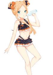Rule 34 | 1girl, abigail williams (emerald float) (fate), abigail williams (fate), absurdres, bare arms, bare legs, bare shoulders, bikini, black bikini, black bow, blonde hair, blue eyes, blush, bottle, bow, collarbone, commentary request, double bun, emerald float, fate/grand order, fate (series), forehead, hair bow, hair bun, hand up, highres, holding, holding bottle, long hair, looking at viewer, navel, official alternate costume, orange bow, parted bangs, parted lips, polka dot, polka dot bow, side bun, simple background, solo, swimsuit, transparent, water bottle, white background, yukaa