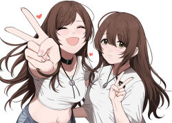 Rule 34 | 2girls, belt, belt collar, black belt, blush, breasts, brown bracelet, brown eyes, brown hair, closed eyes, closed mouth, collar, collarbone, crop top, cropped shirt, dot nose, flower, flower necklace, hair between eyes, hand up, heart, highres, idolmaster, idolmaster shiny colors, jewelry, long hair, looking at viewer, maou (demonlord), medium breasts, midriff, multiple girls, nail polish, navel, necklace, open mouth, osaki amana, osaki tenka, pink nails, reaching, reaching towards viewer, shirt, short sleeves, siblings, simple background, sisters, smile, swept bangs, twins, upper body, v, white background, white shirt