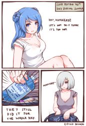 Rule 34 | 10s, 2girls, alternate costume, blue eyes, blue hair, breasts, casual, cleavage, contemporary, disco brando, double bun, english text, eyes visible through hair, grey shirt, hair ornament, hair over one eye, hairclip, hamakaze (kancolle), highres, implied yuri, kantai collection, large breasts, long hair, meme, multiple girls, shirt, short hair, silver hair, sleeves rolled up, they had lots of sex afterwards (meme), urakaze (kancolle), white shirt, yuri, yuri!!! on ice
