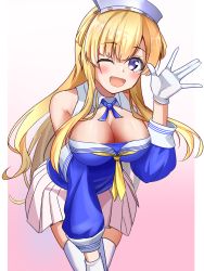 Rule 34 | 1girl, absurdres, blonde hair, blue shirt, border, breasts, cleavage, double bun, fletcher (kancolle), gloves, hair between eyes, hair bun, hair ornament, hairband, highres, kantai collection, large breasts, long hair, looking at viewer, maretto, neckerchief, off shoulder, open mouth, pink background, pleated skirt, purple eyes, sailor collar, school uniform, serafuku, shirt, skirt, smile, solo, star (symbol), star hair ornament, thighhighs, white border, white gloves, white sailor collar, white skirt, white thighhighs, yellow neckerchief