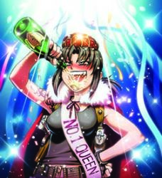Rule 34 | 1girl, alcohol, black hair, black lagoon, blush, bottle, breasts, cape, champagne, chibi, confetti, crown, drinking, drunk, fingerless gloves, gloves, hand on own hip, hiroe rei, holster, lowres, ponytail, revy (black lagoon), sash, shoulder holster, solo