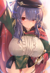Rule 34 | 1girl, azur lane, beret, black cape, black dress, black hat, bra visible through clothes, breasts, buttons, cape, center frills, double-breasted, dress, framed breasts, frills, gloves, green dress, hand on hilt, hat, highres, huge breasts, italian flag, long hair, microdress, pola (azur lane), purple hair, red cape, red eyes, shika (shika0), skindentation, solo, taut clothes, taut dress, two-tone cape, two-tone dress, white gloves