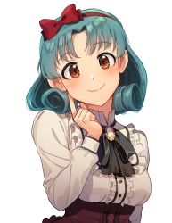 Rule 34 | 1girl, black ribbon, bow, brooch, brown eyes, closed mouth, commentary, curly hair, dress shirt, finger to face, frilled shirt, frills, green hair, hair bow, hair ribbon, head tilt, high collar, idolmaster, idolmaster million live!, jewelry, kamille (vcx68), long sleeves, looking at viewer, medium hair, neck ribbon, parted bangs, red bow, red ribbon, ribbon, shirt, simple background, smile, solo, tokugawa matsuri, upper body, white background, white shirt