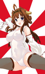 Rule 34 | 10s, 1girl, :d, ahoge, arm behind head, bare shoulders, blue eyes, blush, breasts, brown hair, cameltoe, cleft of venus, covered erect nipples, covered navel, cowboy shot, detached sleeves, double bun, female focus, grey thighhighs, hair bun, hair rings, hairband, headgear, hip focus, impossible clothes, impossible swimsuit, kantai collection, kongou (kancolle), large breasts, long hair, looking at viewer, nontraditional miko, one-piece swimsuit, open clothes, open mouth, ribbon-trimmed sleeves, ribbon trim, rising sun flag, skin tight, smile, solo, spread legs, sunburst, swimsuit, swimsuit under clothes, testa, thighhighs, white one-piece swimsuit, wide sleeves