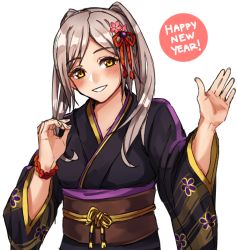 Rule 34 | 1girl, blush, fire emblem, fire emblem awakening, fire emblem heroes, hair ornament, japanese clothes, kamu (kamuuei), kimono, long hair, looking at viewer, new year, nintendo, open mouth, robin (female) (fire emblem), robin (fire emblem), simple background, smile, solo, twintails, white background, white hair