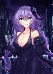 Rule 34 | 1girl, absurdres, bare shoulders, bimmy, blue eyes, blush, braid, breasts, cleavage, cup, dress, drinking glass, elbow gloves, gloves, grin, highres, holding, holding cup, large breasts, long hair, looking at viewer, neptune (series), night, power symbol, power symbol-shaped pupils, purple dress, purple gloves, purple hair, purple heart (goddesses&#039; promise), purple heart (neptunia), reaching, reaching towards viewer, smile, solo, symbol-shaped pupils, twin braids, twintails, very long hair, wine glass