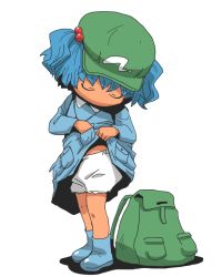 Rule 34 | 1girl, backpack, bag, bloomers, blue hair, closed eyes, clothes lift, dress, dress lift, female focus, hair bobbles, hair ornament, hat, kawashiro nitori, looking down, onikobe rin, pocket, randoseru, short hair, simple background, solo, standing, touhou, two side up, underwear