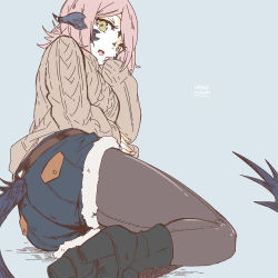 Rule 34 | ankle boots, arm support, au ra, belt, black pantyhose, blue background, boots, contemporary, denim, denim shorts, dragon horns, dragon tail, final fantasy, final fantasy xiv, flat color, green eyes, high heels, horns, lili mdoki, looking at viewer, looking back, lying, on side, open mouth, pantyhose, pantyhose under shorts, pink hair, scales, short hair, short shorts, shorts, signature, simple background, sketch, solo, sweater, tail