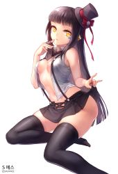 Rule 34 | 1girl, aken, animal ears, badge, black hair, black necktie, black skirt, black thighhighs, blunt bangs, bow, breasts, button badge, cleavage, closed mouth, clothes lift, cross-laced clothes, elsword, eve (elsword), facial mark, finger to mouth, full body, hat, highres, lifted by self, long hair, md5 mismatch, mini hat, mini top hat, \\n/, necktie, no bra, no panties, no shoes, open clothes, open shirt, pleated skirt, red bow, red ribbon, ribbon, shirt, simple background, sitting, skirt, skirt lift, sleeveless, sleeveless shirt, smile, smiley face, solo, straight hair, suspender skirt, suspenders, thighhighs, top hat, twitter username, upskirt, very long hair, white background, yellow eyes