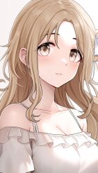 Rule 34 | 1girl, absurdres, blush, breasts, cleavage, collarbone, frills, hair bun, highres, ichikawa hinana, idolmaster, idolmaster shiny colors, light brown hair, looking at viewer, medium breasts, parted bangs, popon ta, simple background, single side bun, smile, solo, white background