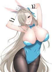 Rule 34 | 1girl, absurdres, animal ears, armpits, arms up, asuna (blue archive), asuna (bunny) (blue archive), bare shoulders, black pantyhose, blue archive, blue bow, blue bowtie, blue eyes, blue leotard, blue ribbon, blush, bow, bowtie, breasts, collar, commentary request, cowboy shot, detached collar, elbow gloves, fake animal ears, gloves, grin, groin, hair over one eye, hair ribbon, head tilt, highleg, highleg leotard, highres, large breasts, leotard, light brown hair, long bangs, long hair, looking at viewer, mole, mole on breast, official alternate costume, one eye covered, pantyhose, playboy bunny, rabbit ears, ribbon, sidelocks, smile, solo, strapless, strapless leotard, swept bangs, teeth, thighband pantyhose, thighs, very long hair, white background, white collar, white gloves, wing collar, yu-ta