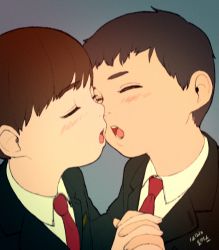 Rule 34 | 2boys, blush, brown hair, child, closed eyes, grey background, holding hands, imminent kiss, jacket, male focus, monamin, multiple boys, necktie, open mouth, shirt, short hair, simple background, tongue, yaoi