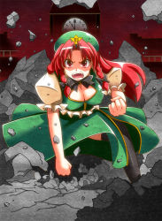 Rule 34 | 1girl, akagi yuuto, angry, black thighhighs, bow, braid, breasts, broken, broken ground, china dress, chinese clothes, cleavage, cleavage cutout, clenched hand, clenched hands, clock, clock tower, clothing cutout, dress, female focus, fighting stance, hair ribbon, hat, hong meiling, large breasts, open mouth, punching, red eyes, red hair, ribbon, scarlet devil mansion, shirt, side slit, skirt, skirt set, solo, star (symbol), thighhighs, touhou, tower, twin braids, vest
