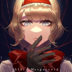 Rule 34 | 1girl, absurdres, alice margatroid, bad id, bad pixiv id, black background, black gloves, blonde hair, blue eyes, character name, commentary, eit (ikeuchi), frills, gloves, hairband, half gloves, hand up, highres, lace, neck ribbon, portrait, red hairband, red ribbon, ribbon, shirt, short hair, simple background, solo, string, string of fate, touhou, white shirt