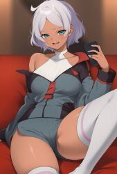 Rule 34 | 1girl, aqua eyes, asticassia school uniform, campbell xx, commentary request, couch, dark-skinned female, dark skin, fingernails, green jacket, green shorts, grey hair, gundam, gundam suisei no majo, halter shirt, halterneck, highres, holding, holding phone, indoors, jacket, knee up, looking at viewer, nail polish, off shoulder, on couch, open mouth, partially unzipped, phone, school uniform, secelia dote, short hair, shorts, single bare shoulder, skindentation, solo, thighhighs, thighs, white nails, white thighhighs