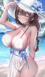 Rule 34 | 1girl, adjusting clothes, adjusting headwear, arm behind back, beach, belt collar, bikini, blue flower, blue hair, blush, braid, breasts, brown hair, cleavage, closed eyes, closed mouth, collar, collarbone, day, flower, goddess of victory: nikke, hat, highres, jewelry, large breasts, long hair, mary (bay goddess) (nikke), mary (nikke), multicolored hair, ocean, official alternate costume, outdoors, palm tree, sand, smile, solo, streaked hair, sun hat, swimsuit, swimsuit cover-up, tree, uma cha (teatime), water, white bikini, white hat