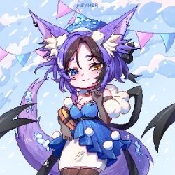 Rule 34 | 1girl, animal ear fluff, animal ears, artist name, awful queen (vtuber), bell, breasts, choker, fox ears, fox girl, fox tail, gift, heterochromia, highres, indie virtual youtuber, looking at viewer, mole, mole under eye, monster girl, neck bell, nsywer, purple hair, snowing, tail