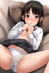 Rule 34 | 1girl, absurdres, black hair, black skirt, blush, breasts, brown eyes, cleavage, clothes lift, collared shirt, couch, highres, looking at viewer, lying, matsunaga kouyou, medium hair, on back, open clothes, open shirt, original, panties, pleated skirt, school uniform, shirt, skirt, skirt lift, small breasts, solo, spread legs, thighs, underboob, underwear, white panties, white shirt