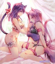 Rule 34 | 2girls, animal ears, animal hands, artist name, bell, black bra, black panties, bow, bra, breasts, cat day, cat ears, cat tail, commentary request, fate/stay night, fate (series), glasses, gloves, jingle bell, kemonomimi mode, kneeling, long hair, looking at another, matou sakura, medium breasts, medusa (fate), medusa (rider) (fate), multiple girls, murasaki yuna, panties, paw gloves, pink bow, pink hair, purple eyes, purple hair, sitting, tail, tail bow, tail ornament, underwear, underwear only, wariza, white bra, white panties