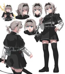 Rule 34 | 1girl, black capelet, black footwear, black shorts, black thighhighs, blue eyes, capelet, closed mouth, commentary request, expressionless, expressions, from behind, full body, grey hair, gun, hair intakes, highres, holding, holding gun, holding weapon, long sleeves, looking ahead, looking at viewer, multiple views, original, over shoulder, pelvic curtain, ponytail, shaded face, shirt, shorts, simple background, standing, suspender shorts, suspenders, t-naka-s-12, thighhighs, weapon, weapon over shoulder, white background, white shirt