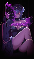 Rule 34 | 1girl, bellelba (pokemon), breasts, cleavage, commentary request, creatures (company), crossed legs, dress, evil, evil smile, frills, game freak, highres, large breasts, looking at viewer, md5 mismatch, nintendo, pokemon, pokemon bw2, purple hair, red eyes, sabrina (pokemon), short hair, simple background, sitting, smile, solo, vivivoovoo