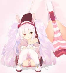 Rule 34 | 1girl, absurdly long hair, analog kenshi (moto), animal ears, azur lane, cameltoe, chestnut mouth, crotch, hairband, jacket, laffey (azur lane), long hair, looking at viewer, miniskirt, multiple views, off shoulder, panties, pink background, pink hair, pink panties, pleated skirt, rabbit ears, red eyes, red hairband, red skirt, skirt, squatting, strap slip, striped clothes, striped panties, thighhighs, twintails, underwear, very long hair, white thighhighs