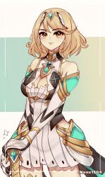 Rule 34 | 1girl, alternate hairstyle, bare shoulders, blonde hair, breasts, cleavage, cleavage cutout, clothing cutout, commentary, cowboy shot, dress, elbow gloves, gloves, highres, large breasts, looking at viewer, mythra (xenoblade), none1504, short dress, short hair, solo, standing, white dress, xenoblade chronicles (series), xenoblade chronicles 2, yellow eyes