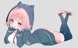 Rule 34 | 10s, 1girl, :o, animal hood, bad id, bad pixiv id, black thighhighs, blush, breasts, danganronpa (series), danganronpa 2: goodbye despair, danganronpa 3 (anime), grey background, hair ornament, hairclip, hands on own face, heart, heart-shaped pupils, hood, hoodie, looking at viewer, lying, matsudamaiko, nanami chiaki, on stomach, open mouth, pink eyes, pink footwear, pink hair, pleated skirt, shoes, short hair, simple background, skirt, solo, symbol-shaped pupils, thighhighs