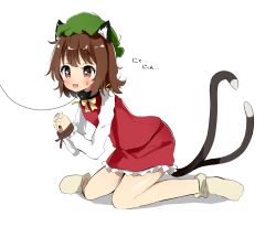 Rule 34 | 1girl, :d, animal ear fluff, animal ears, bad id, bad pixiv id, blush, bound, bound wrists, bow, bowtie, brown eyes, brown hair, cat ears, cat tail, chen, collar, dress, full body, hat, leaning forward, leash, masochism, mob cap, multiple tails, nekomata, open mouth, poco (zdrq3), red dress, short hair, simple background, sitting, smile, solo, tail, touhou, two tails, wariza, white background, yellow bow, yellow bowtie