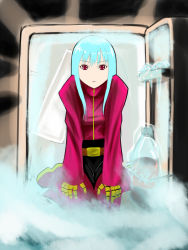 Rule 34 | 1girl, blue hair, in container, in refrigerator, kula diamond, long hair, looking at viewer, pun, red eyes, refrigerator, sitting, solo, takon34, the king of fighters, wariza