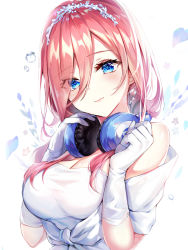 Rule 34 | 1girl, bare shoulders, blue eyes, blush, breasts, cleavage, closed mouth, collarbone, commentary request, dress, gloves, go-toubun no hanayome, hair between eyes, headphones, headphones around neck, highres, large breasts, long hair, looking at viewer, nakano miku, narae, pink hair, simple background, solo, water drop, wedding dress, white background, white dress, white gloves