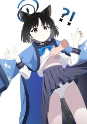 Rule 34 | !?, 1girl, 1other, absurdres, animal ears, black eyes, black hair, black nails, black sailor collar, black skirt, blue archive, blue halo, blue neckerchief, breasts, cat ears, cat tail, disembodied limb, eyeliner, fingernails, halo, haori, highres, japanese clothes, kikyou (blue archive), long sleeves, makeup, medium breasts, momip, multiple tails, nail polish, neckerchief, open mouth, panties, pleated skirt, red eyeliner, sailor collar, school uniform, serafuku, short hair, skirt, solo focus, tail, two tails, underboob, underwear, white panties