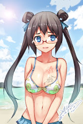 Rule 34 | 1girl, absurdres, black hair, blue eyes, blue ribbon, blush, body writing, breasts, cleavage, glasses, hair ribbon, heart, highres, large breasts, long hair, looking at viewer, navel, original, parted lips, ribbon, semi-rimless eyewear, solo, sweat, sweatdrop, tic-tac-toe, twintails, wet, x-boy