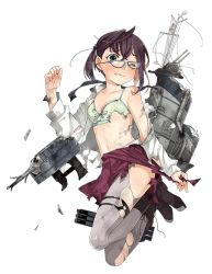 Rule 34 | 10s, 1girl, bare shoulders, blouse, blue-framed eyewear, blush, boots, bow, bow bra, bra, broken, broken eyewear, cannon, crooked eyewear, cross-laced footwear, dress, fujikawa, full body, glasses, green bra, green eyes, hair ornament, hairclip, kantai collection, knee boots, lace-up boots, long sleeves, looking at viewer, machinery, multicolored hair, official art, okinami (kancolle), one eye closed, pantyhose, polka dot, polka dot bra, purple pantyhose, ribbon, shirt, short hair, smokestack, solo, torn clothes, torn dress, torn pantyhose, torn shirt, torpedo, transparent background, underwear, white background, white shirt