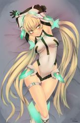 Rule 34 | 10s, 1girl, 2015, angela balzac, angry, armpits, arms behind head, arms up, blonde hair, blush, breasts, clenched teeth, covered navel, curvy, dated, green eyes, headgear, highres, legs, leotard, long hair, low twintails, medium breasts, navel, rakuen tsuihou, sigama, solo, standing, teeth, twintails, twitter username, very long hair, wide hips