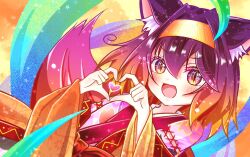 Rule 34 | 1girl, :d, animal ear fluff, animal ears, blush, commentary request, floral print, fox ears, fox girl, fox tail, gradient hair, hair between eyes, hair intakes, hatsuse izuna, heart, heart hands, japanese clothes, kimono, long sleeves, looking at viewer, medium hair, multicolored background, multicolored clothes, multicolored hair, multicolored kimono, no game no life, non izuna, open mouth, orange hair, orange kimono, pink kimono, purple eyes, purple hair, simple background, smile, smug, solo, sorcerer&#039;s sutra scroll, split mouth, tail, upper body, v-shaped eyebrows, wide sleeves