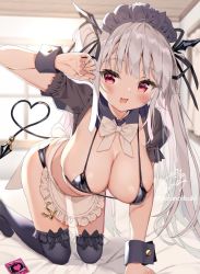 Rule 34 | 1girl, all fours, apron, bikini, black bikini, black thighhighs, blush, breasts, cleavage, condom, condom wrapper, demon tail, fang, grey hair, hair ribbon, harunoibuki, heart, heart tail, indoors, large breasts, maid, maid apron, maid bikini, maid headdress, micro bikini, on bed, open mouth, original, red eyes, ribbon, shrug (clothing), sidelocks, signature, skin fang, smile, solo, swimsuit, tail, thighhighs, twintails, twitter username, unconventional maid, wrist cuffs